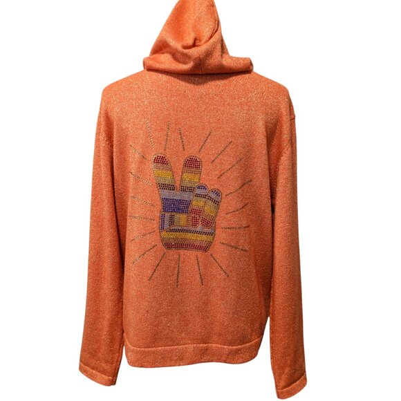 Le Superbe Womens Size M Orange Metallic Peace Sign Wool Cashmere Hooded Sweater - Picture 4 of 12